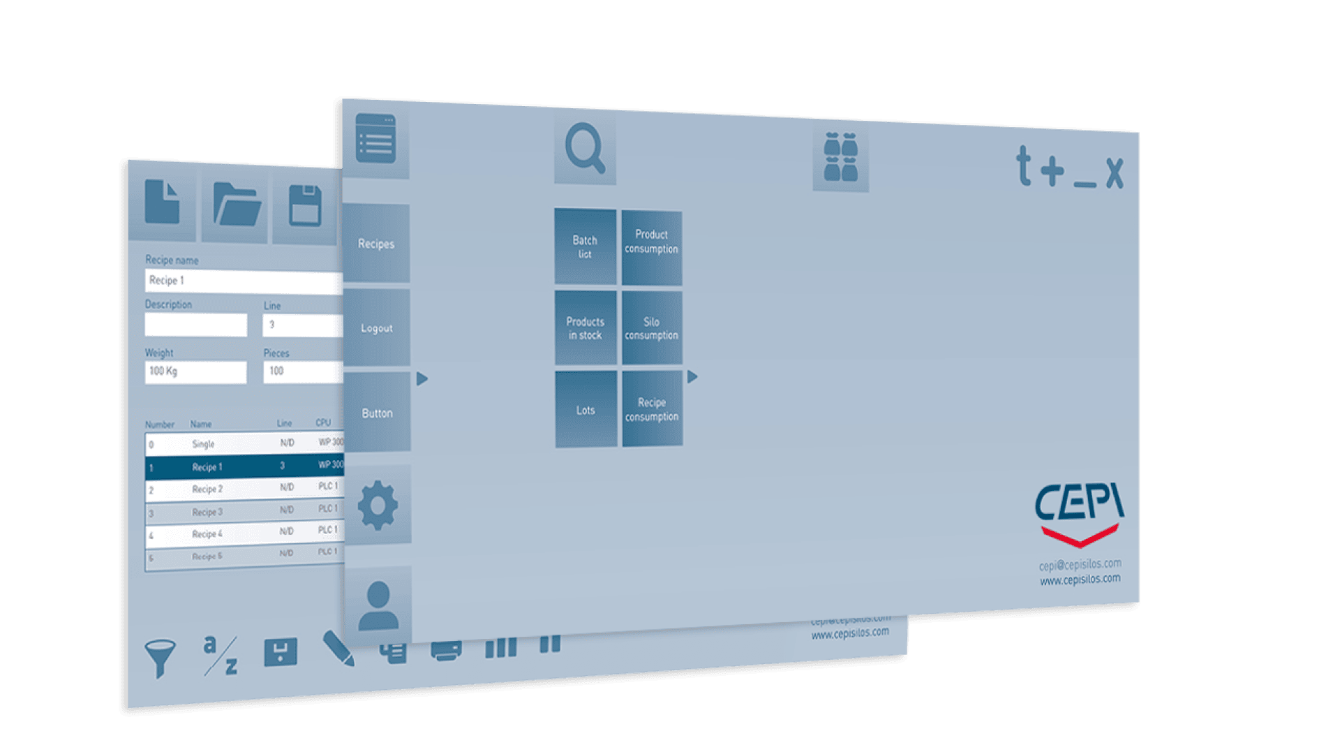 A screenshot of a light blue software interface for recipe management, showing menu options, ingredient lists, and navigation icons, with the CEPI logo in the bottom right corner.