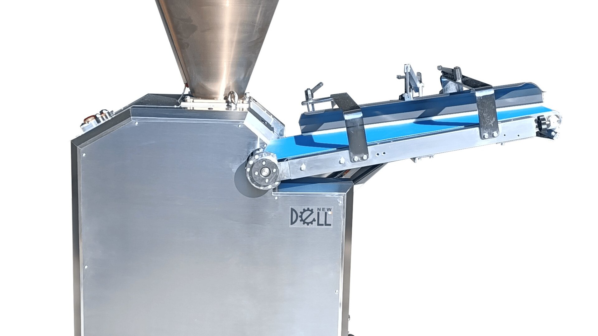 A stainless steel industrial food processing machine with a large funnel on top and a blue conveyor belt extending outward, labeled New DÖLL on the side. The background is plain white.