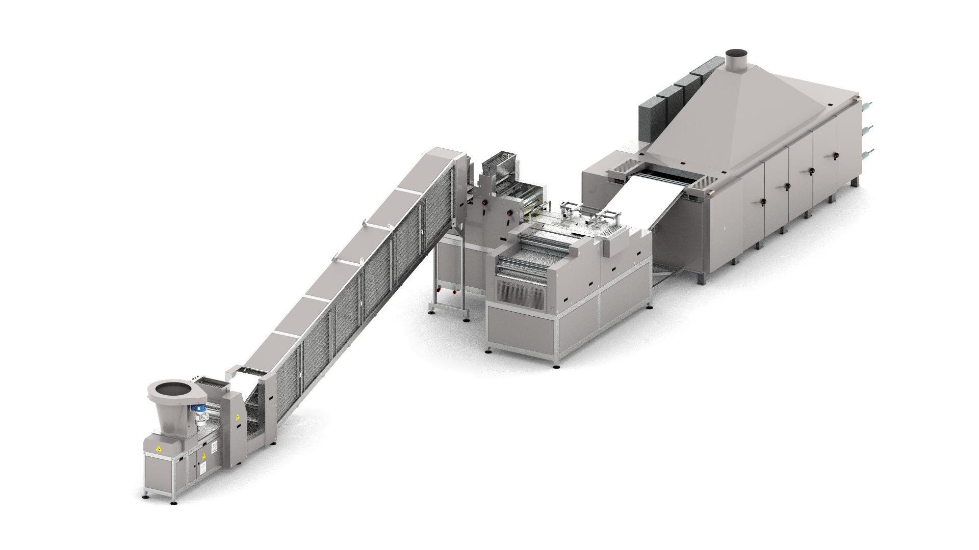 A large industrial food processing machine with multiple connected stainless steel units, including a conveyor belt, sorting section, and an enclosed chamber, all arranged in a linear configuration.