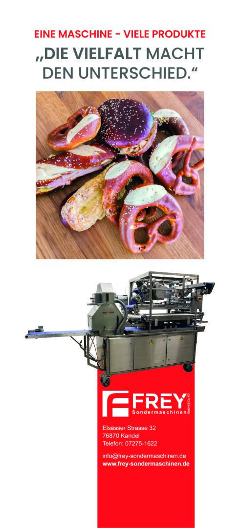 Eine Vielzahl von Brezeln auf einem Teller über einer industriellen Lebensmittelverarbeitungsmaschine mit dem Logo der Firma Frey, Kontaktdaten und dem deutschen Slogan: Die Vielfalt macht den Unterschied.