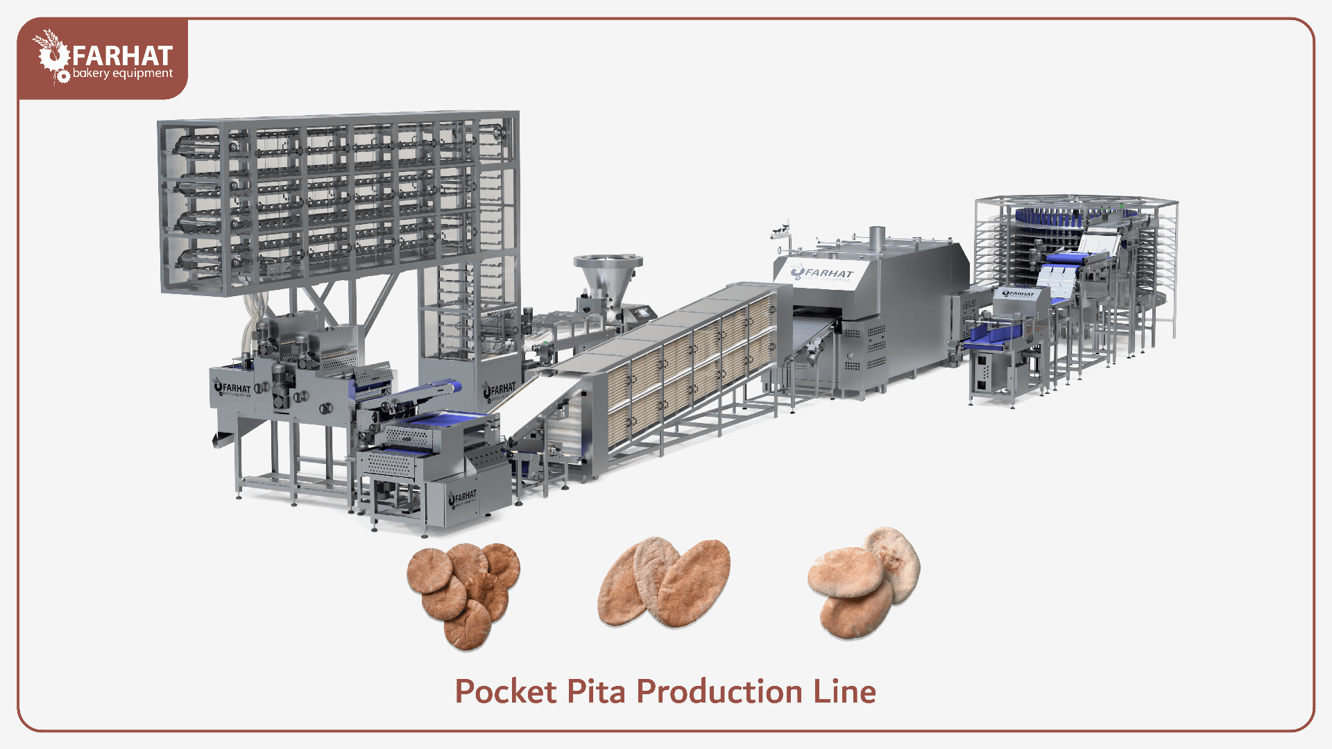 A large industrial pocket pita bread production line with machines and conveyor belts; three pita breads are shown at the bottom, next to the text Pocket Pita Production Line. Farhat Bakery Equipment logo is in the top left corner.