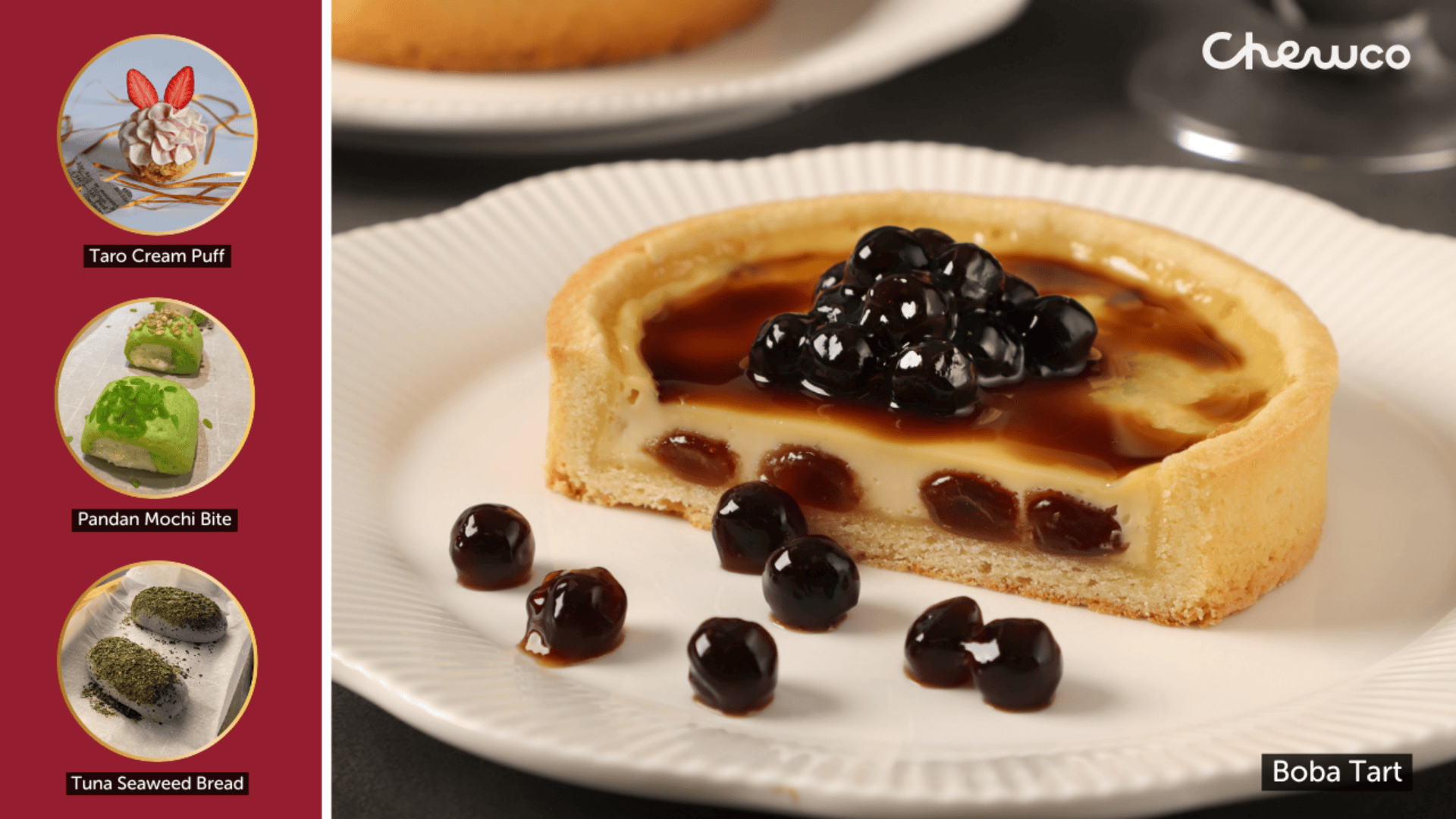 A close-up of a boba tart on a white plate, filled with creamy custard and topped with glossy black boba pearls. On the left, images of taro cream puff, pandan mochi bite, and tuna seaweed bread are shown. Chewco branding is visible.