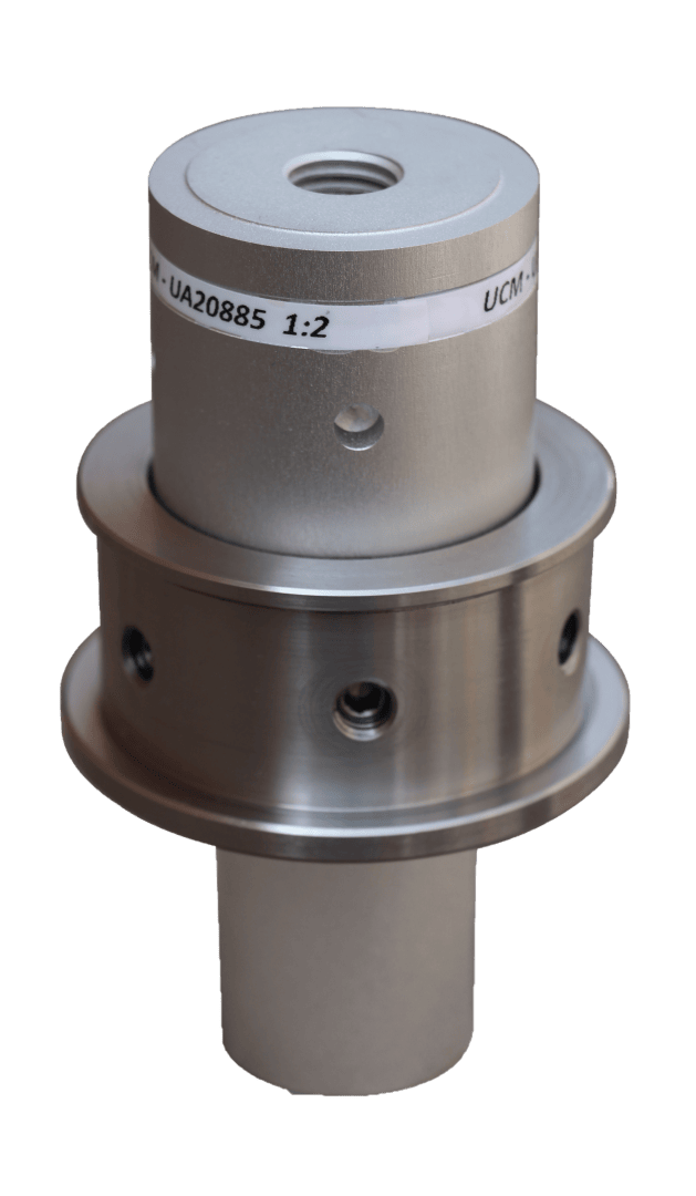 A cylindrical metal industrial component with a flange and multiple screw holes, labeled UA20885 1:2 near the top, isolated on a transparent background.