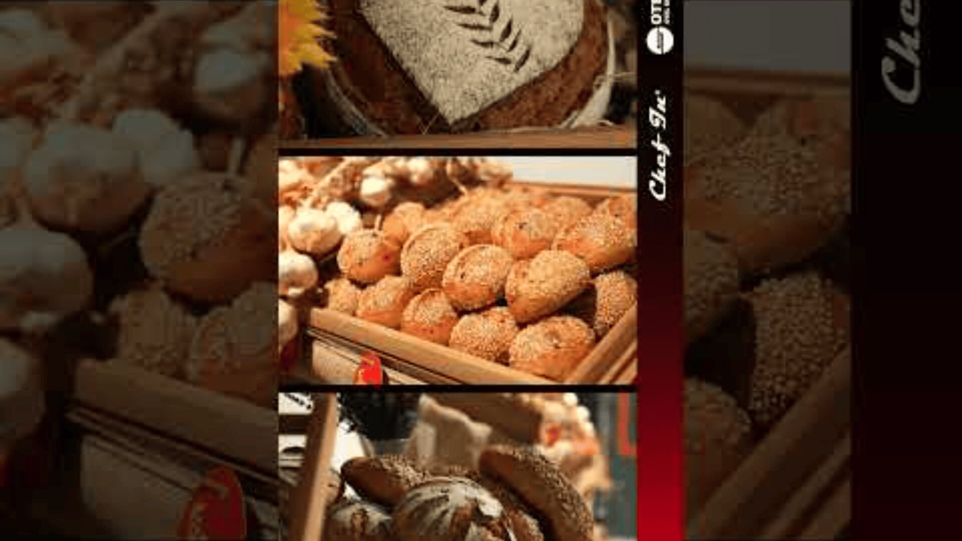 Three images of assorted breads: the top shows a dark loaf with a leaf pattern in flour, the middle displays a tray of oval rolls with sesame seeds, and the bottom features round rolls arranged in a basket.