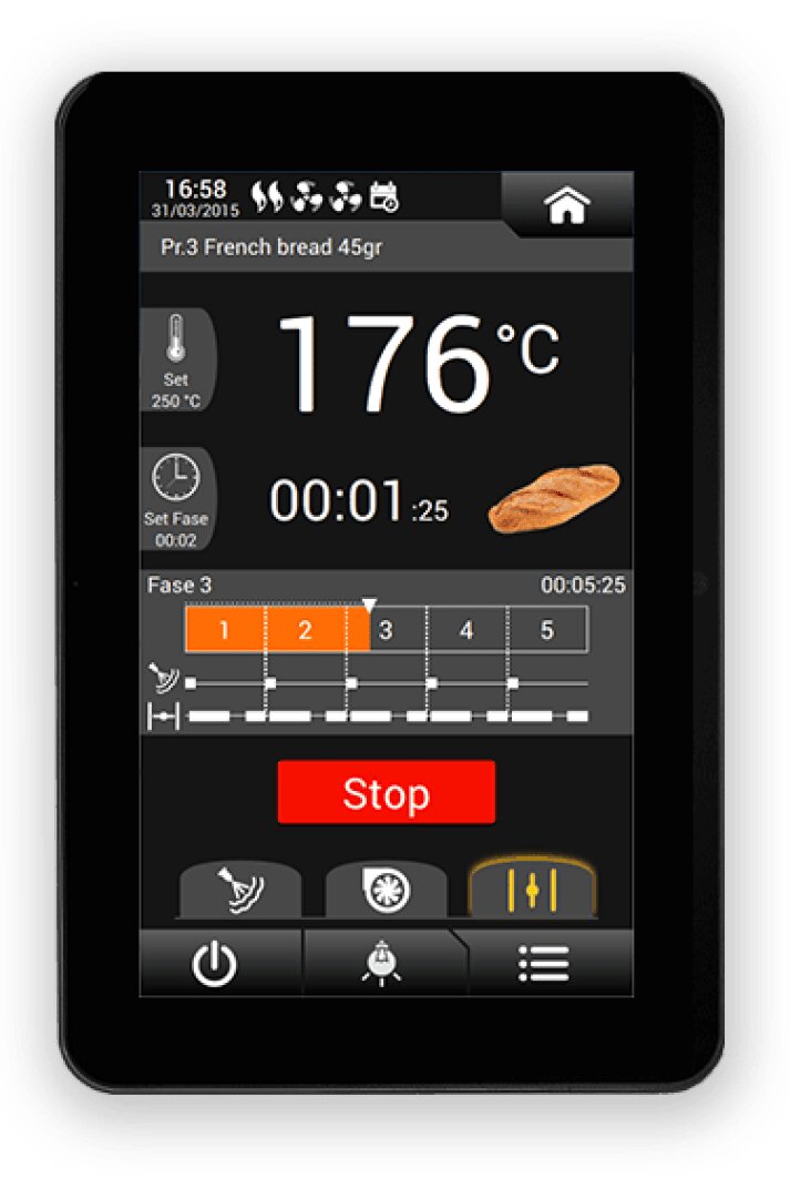 A digital oven control panel displays a temperature of 176°C, a countdown timer, and a French bread icon. Buttons for settings, power, and stop are visible, along with baking phase indicators.