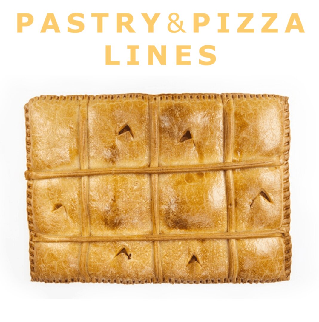 A rectangular golden-brown pastry with crimped edges and lines dividing it into nine sections sits below the text PASTRY & PIZZA LINES in bold, yellow capital letters on a white background.
