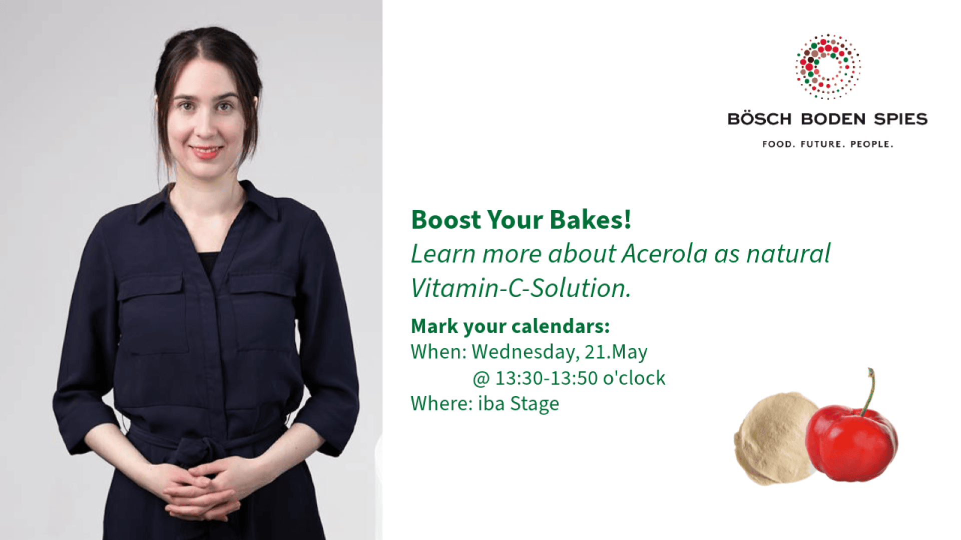 A smiling woman in a navy dress stands beside text promoting a talk on acerola as a natural vitamin C solution, with event details and images of acerola fruit and the Bösch Boden Spies logo.