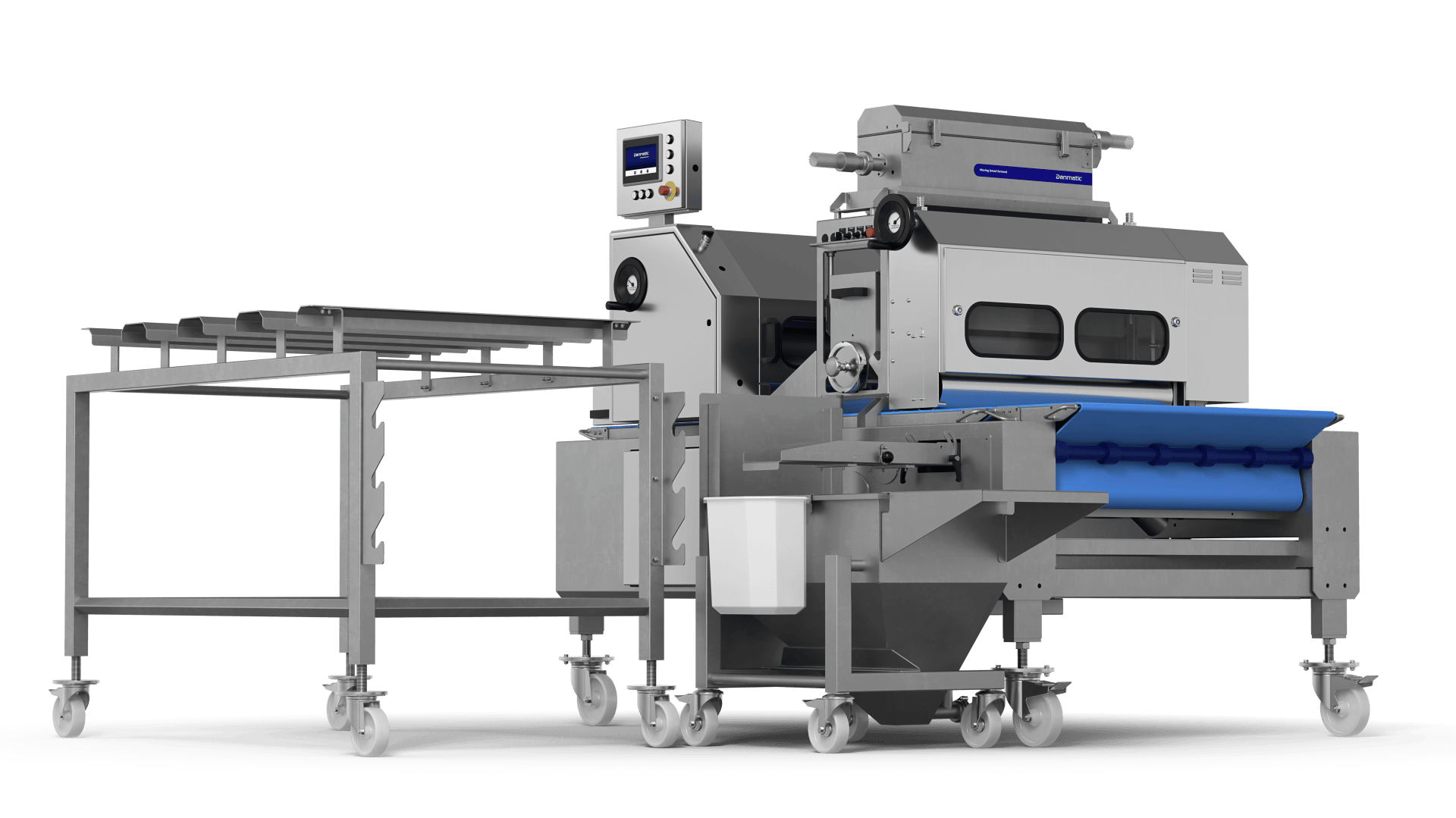 A stainless steel industrial food processing machine with a conveyor belt, control panel, and attached work surfaces on wheels, designed for automated manufacturing in a commercial kitchen or factory.