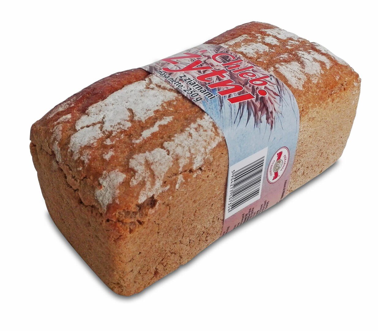 A rectangular loaf of bread with a brown crust and patches of white flour on top, wrapped with a partially transparent label that has red and blue text and wheat graphics.