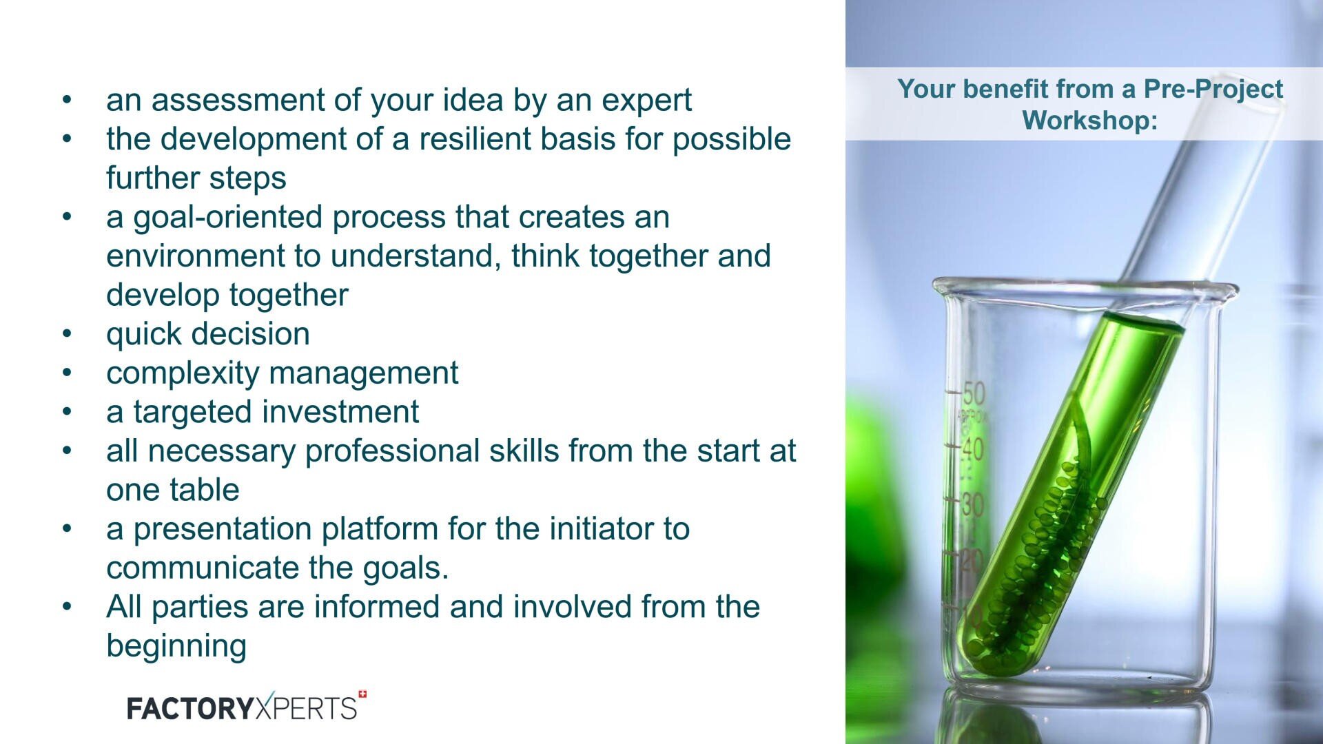 A list of benefits from a pre-project workshop is shown next to a beaker with a green liquid and test tube. The benefits include expert assessment, resilient development, teamwork, quick decisions, and skill integration.