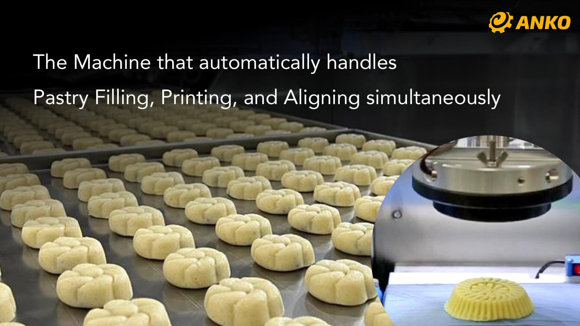 Pastries are lined up on a conveyor belt, with a machine above them. Inset shows a close-up of the machine printing or shaping a pastry. Text reads: The Machine that automatically handles Pastry Filling, Printing, and Aligning simultaneously.
