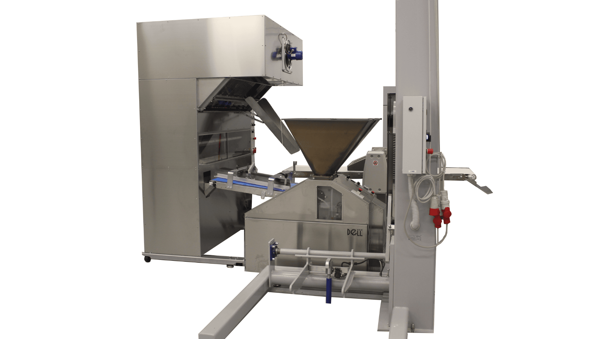 A stainless steel industrial food processing machine with a large hopper, conveyor belt, and control panel, designed for automated ingredient handling in a factory setting.