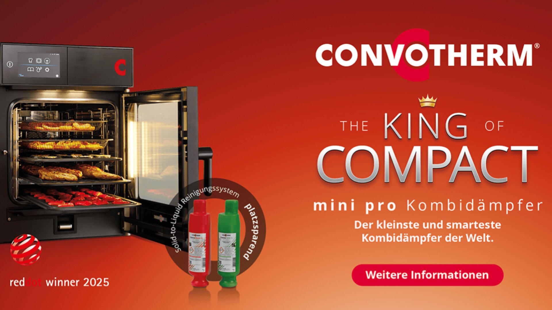 Ein kompakter schwarzer Ofen mit Tabletts voller Speisen steht offen vor rotem Hintergrund. Der Text lautet: „Convotherm: Der König der kompakten Mini-Pro-Kombidämpfer“. Das Good Design Award-Logo ist sichtbar. Davor stehen zwei rot-grüne Flaschen.