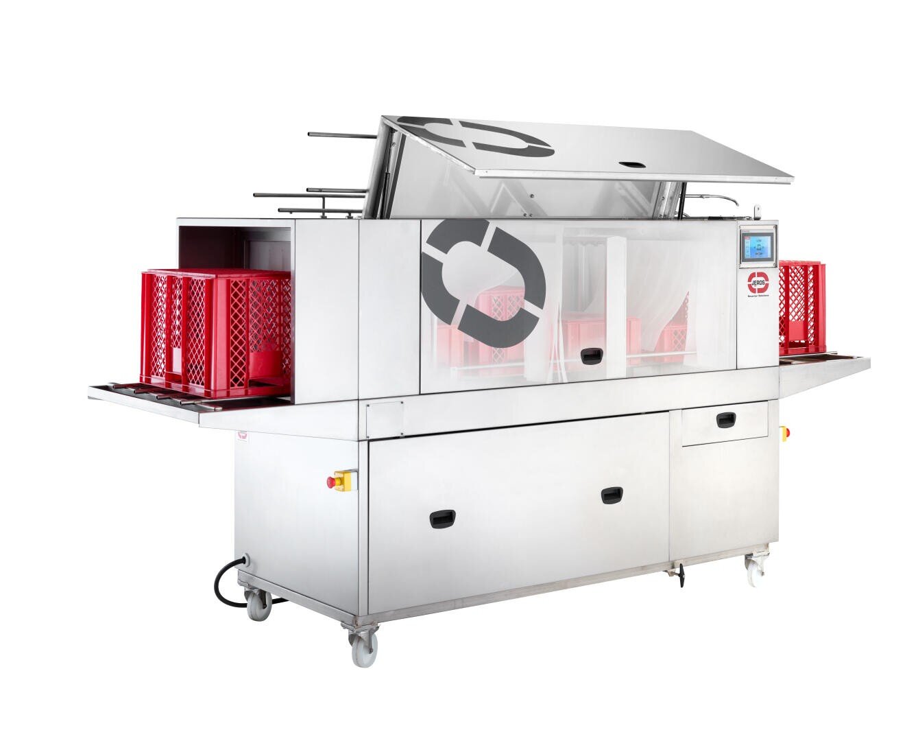 Eine Industrie-Geschirrspülmaschine aus Edelstahl mit einem großen, oben offenen Deckel, der innen und an den Seiten rote Kisten enthält. Die Maschine hat eine digitale Anzeige und Räder für die Mobilität.
