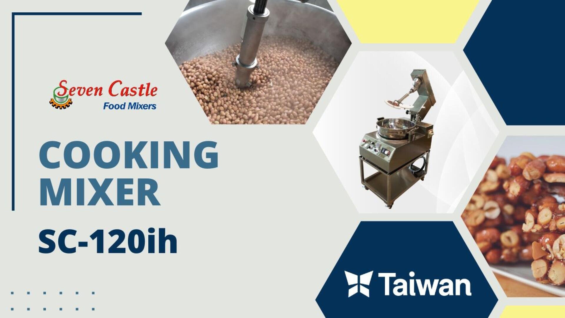 Werbegrafik für den Seven Castle SC-120ih Cooking Mixer, die eine Mischmaschine, gekochte Bohnen und ein Produktbranding mit dem Taiwan-Logo zeigt.