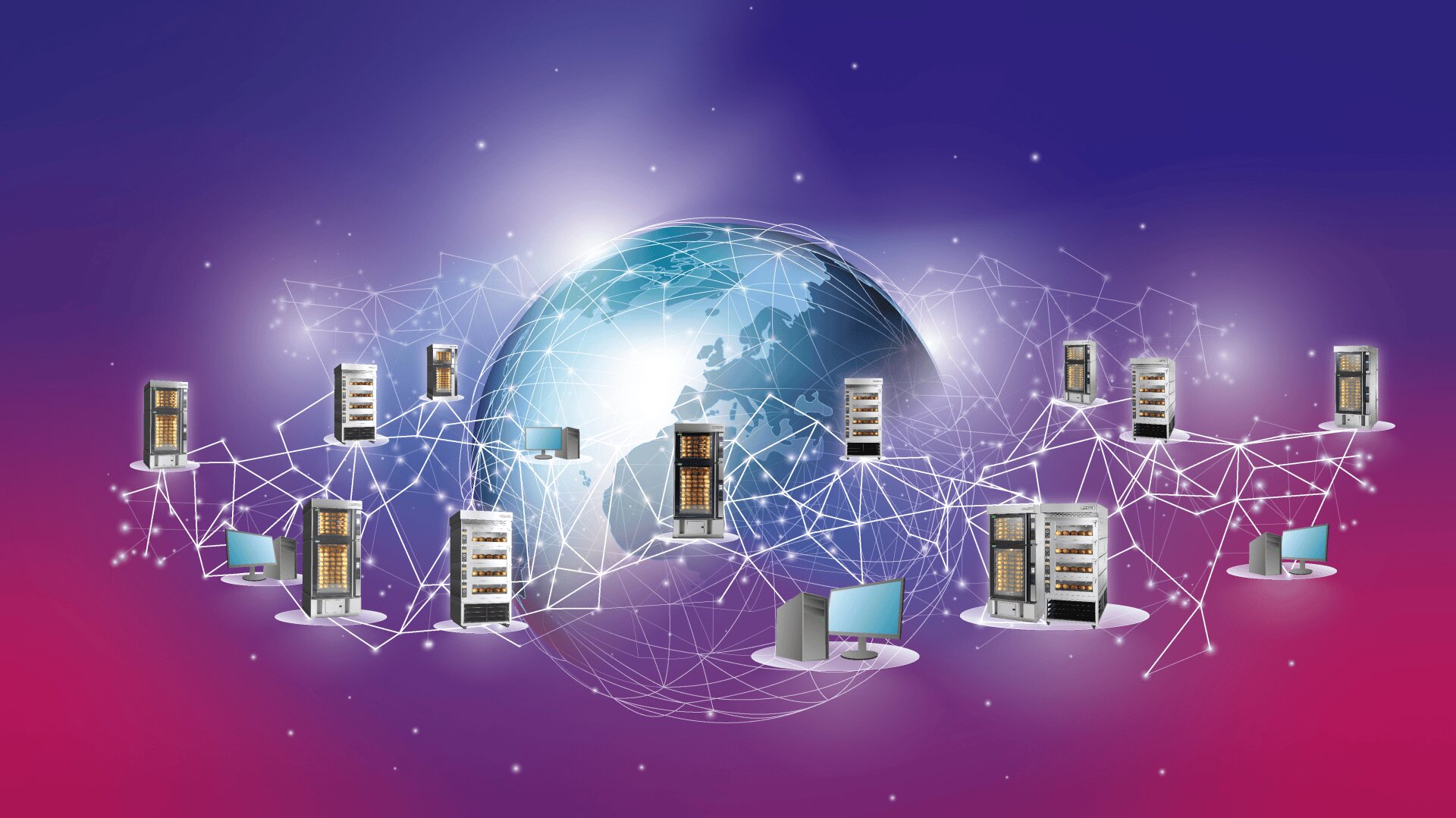 Digitale Illustration der Erde mit verbundenen Servern und Computern um sie herum, die globale Datennetze und Cloud Computing, auf einem Gradienten lila und rosa Hintergrund mit Netzwerklinien und Knoten.
