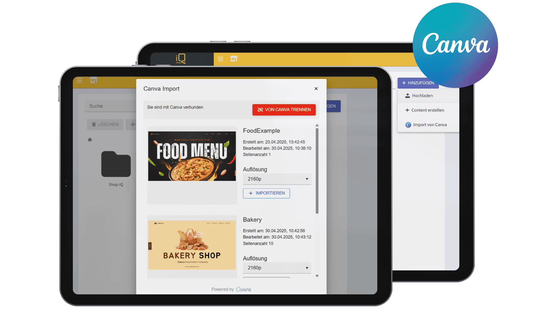 Two tablets display a Canva import interface, showing previews of a food menu and bakery shop designs. A large Canva logo appears in the top right corner. The background is white.