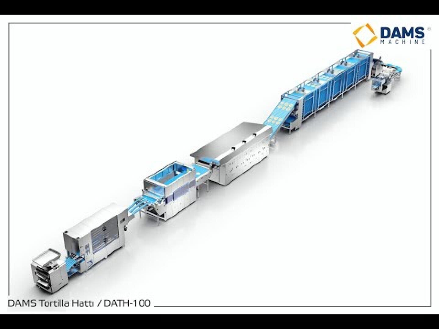 A long, industrial tortilla production line with multiple connected stainless steel machines, conveyor belts, and blue accents. DAMS Machine logo is in the top right corner; label reads DAMS Tortilla Hattı / DATH-100.