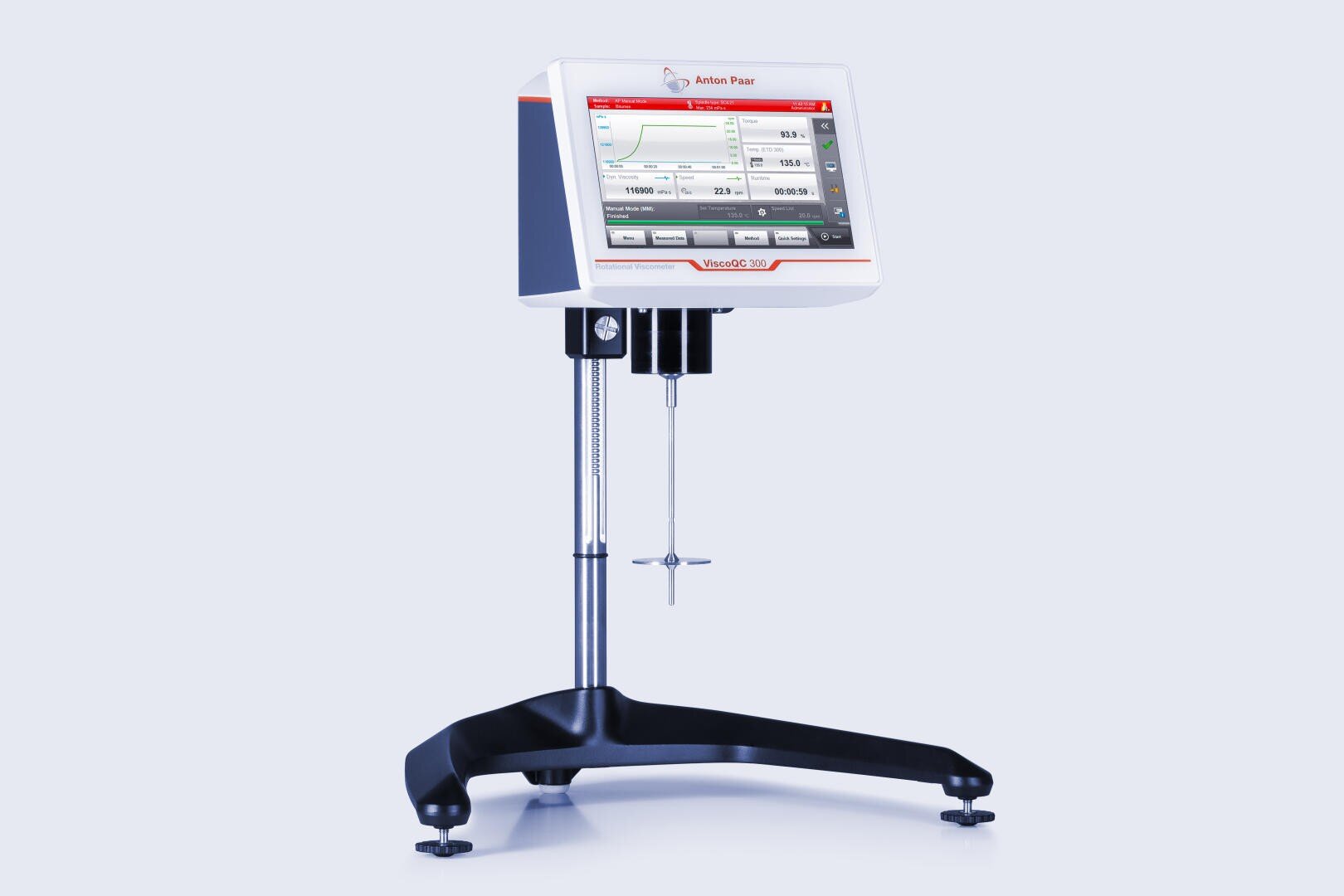 A digital viscometer with a display screen showing measurement data, attached to a black tripod stand with a metal spindle hanging below for testing liquid viscosity. The device is against a light background.