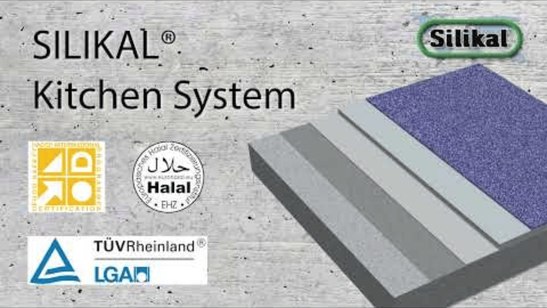 A graphic for the Silikal Kitchen System shows its logo, certification badges (including Halal and TÜV Rheinland), and a layered illustration of flooring on a concrete-like background.