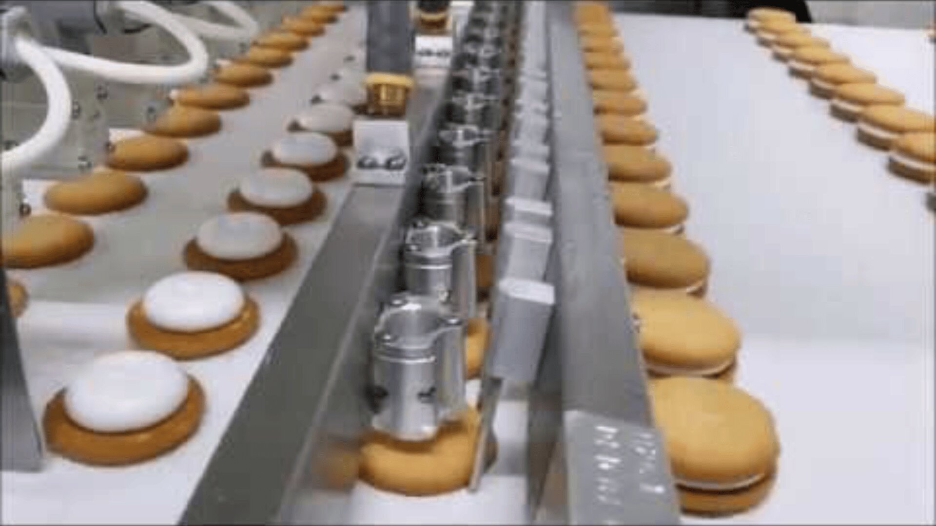 In einer Fabrik laufen Kekse über ein Förderband. Einige Kekse sind mit weißem Zuckerguss überzogen, andere sind unbedruckt, und eine Maschine scheint sie zusammenzusetzen oder zu dekorieren.