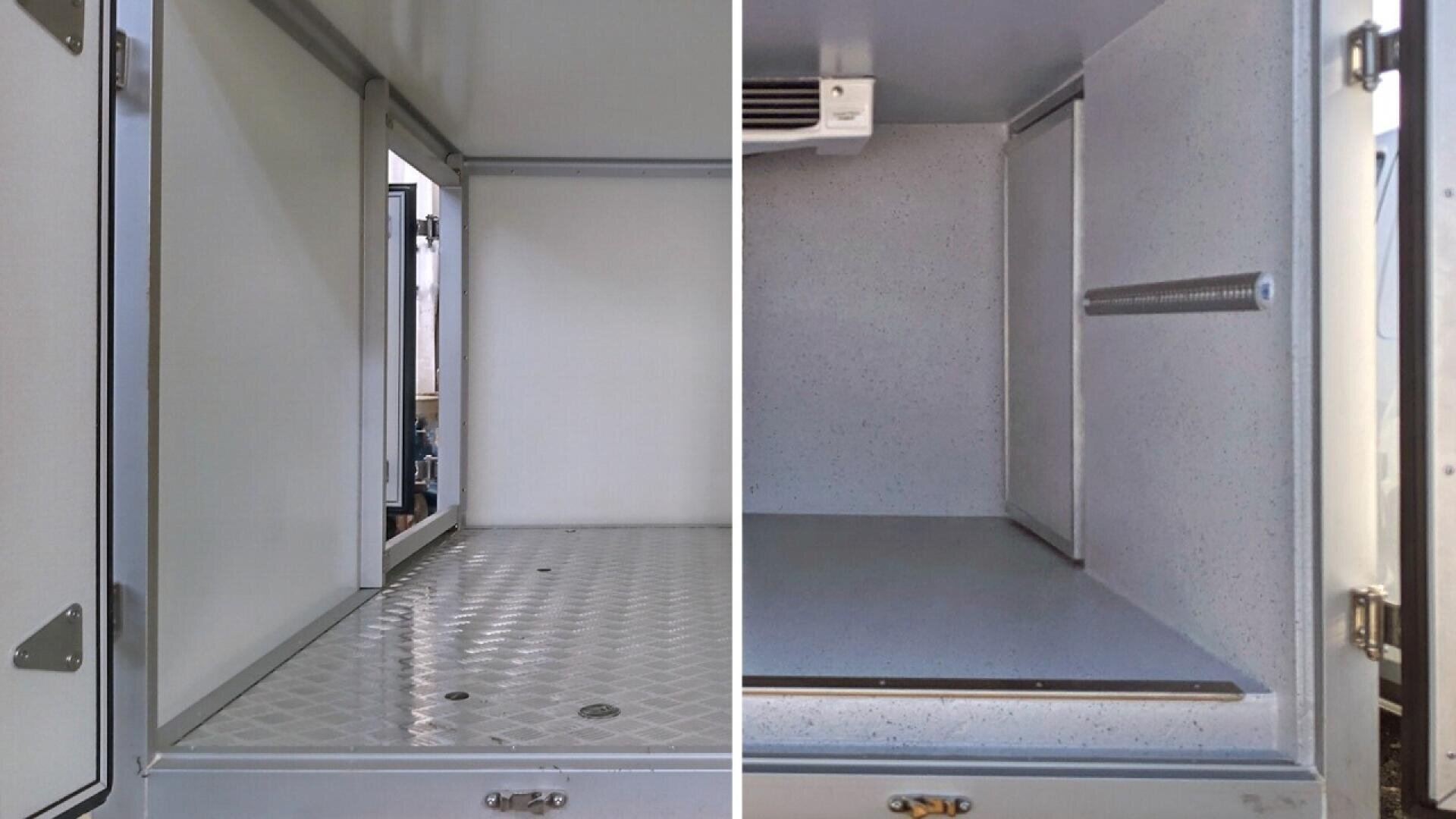 Split image showing the interior of two empty, metal refrigerated compartments with open doors, featuring clean, smooth surfaces and minimal shelving inside.