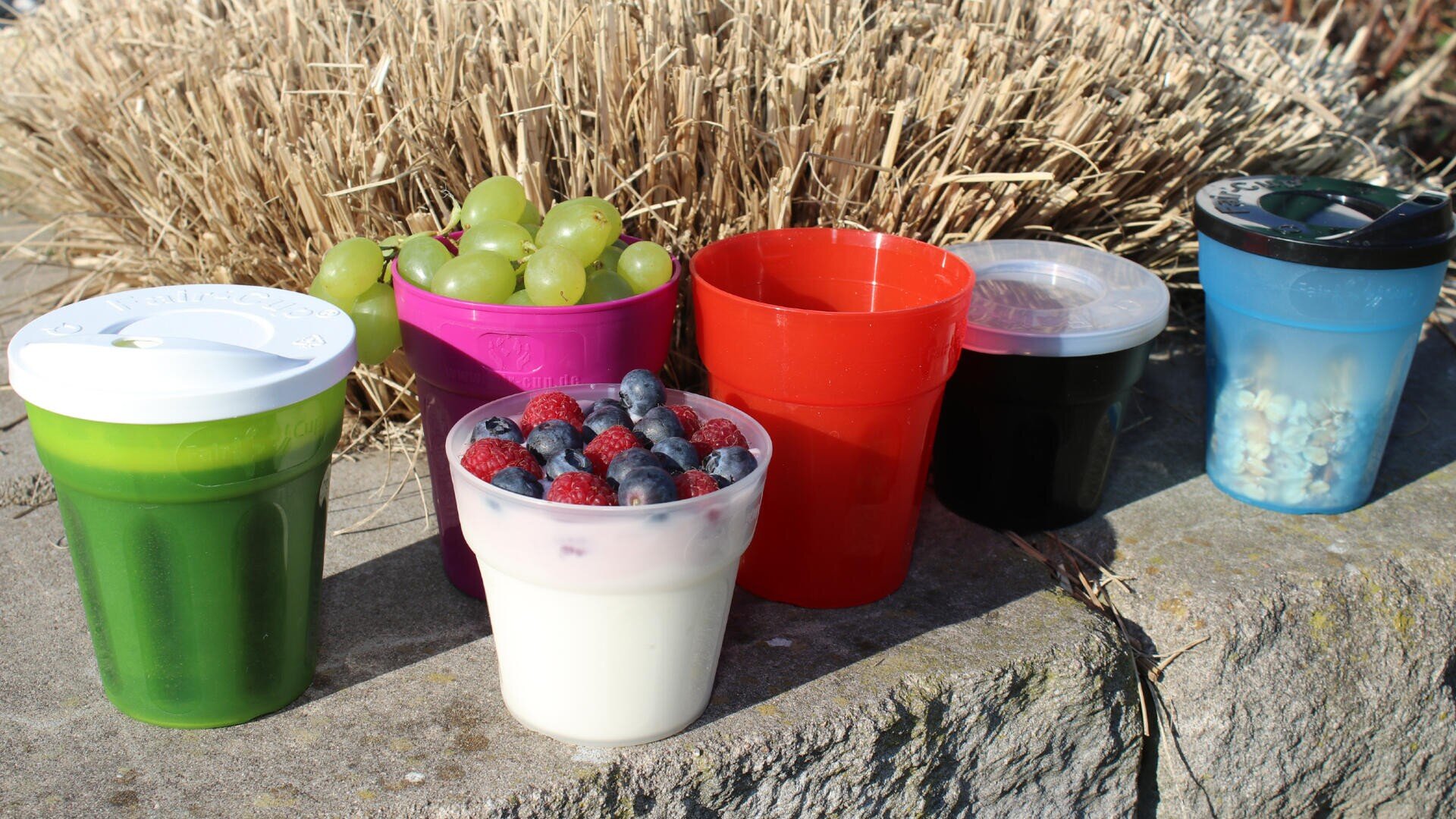 Sechs bunte Becher auf einem Steinvorsprung: grüner Saft, grüne Trauben, Joghurt mit Beeren, ein roter Becher, eine dunkle Flüssigkeit und ein blauer Becher mit sichtbarem Hafer, alle vor einem Hintergrund aus trockenem Gras.