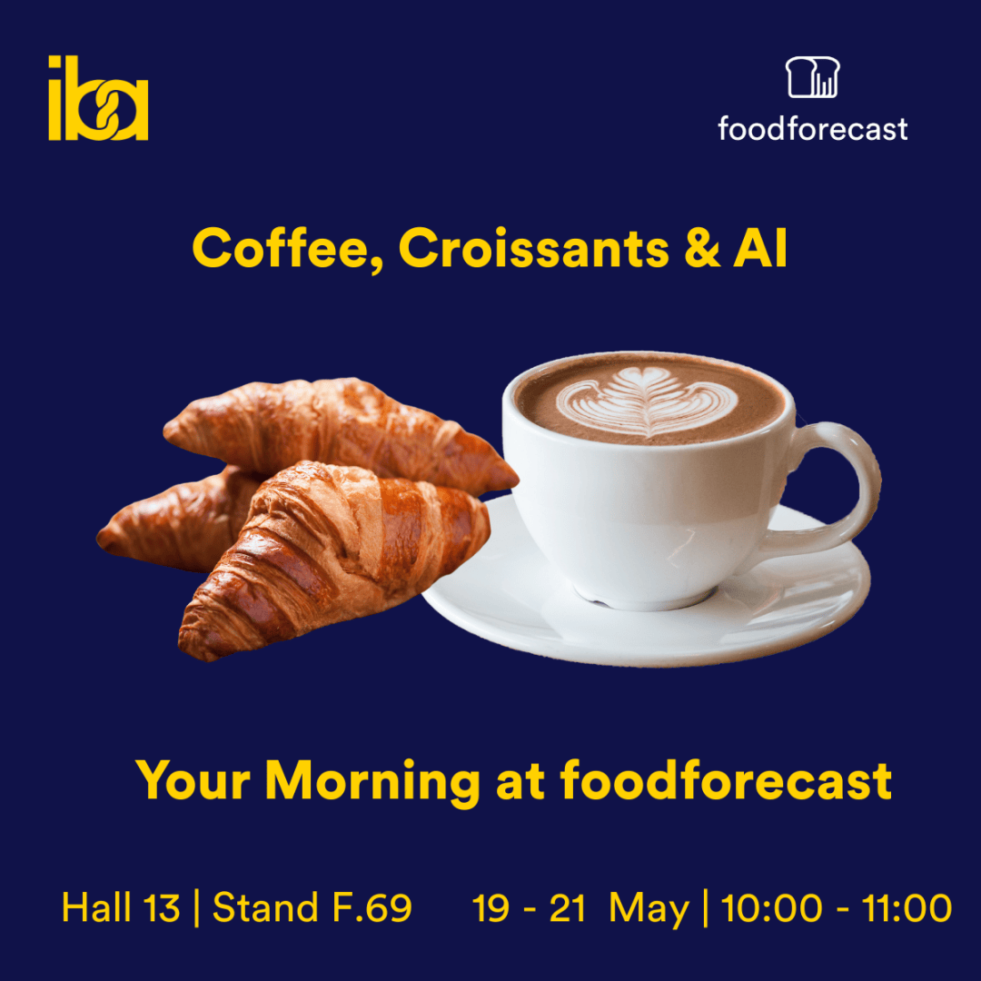 A cup of coffee with latte art sits next to two croissants on a blue background. Text promotes “Coffee, Croissants & AI” at foodforecast, with event details: Hall 13, Stand F.69, May 19–21, 10:00–11:00.