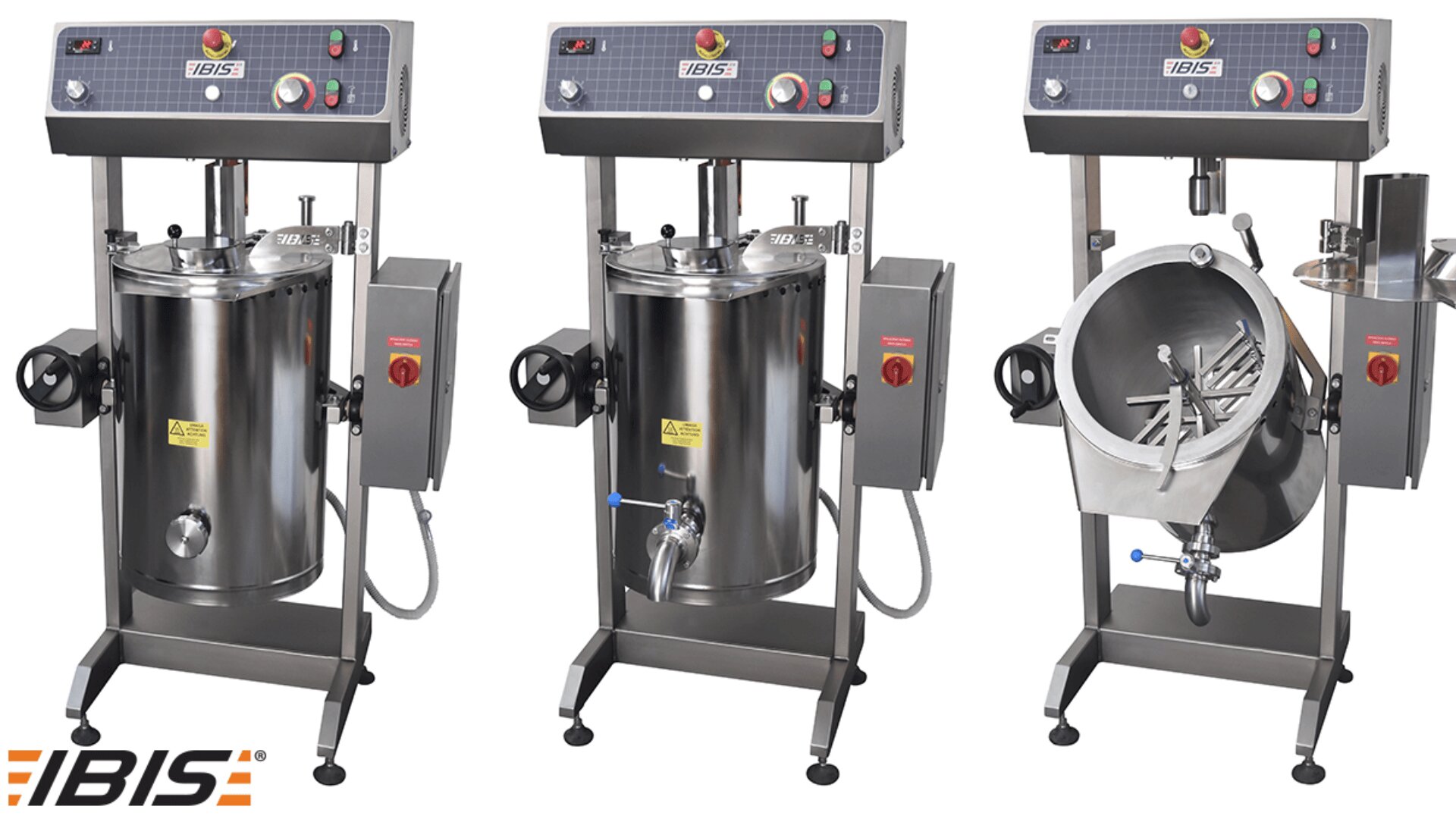 Three stainless steel industrial mixing machines with control panels, various levers, and spouts are displayed in different positions. The IBIS brand logo appears in the lower left corner.
