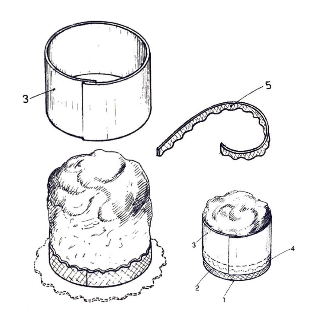 A black and white diagram showing a round pastry mold, a fluted strip, and an assembled pastry with a textured top, a base, and the mold surrounding it. Each part is labeled with numbers.