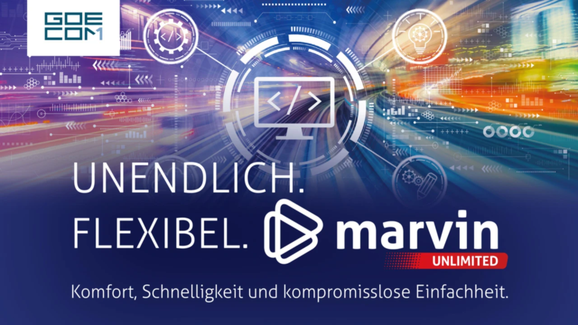 Digital graphic with technology icons, motion blur background, and text: UNENDLICH! FLEXIBEL. marvin UNLIMITED. Komfort, Schnelligkeit und kompromisslose Einfachheit. Goecom.com logo at top left.