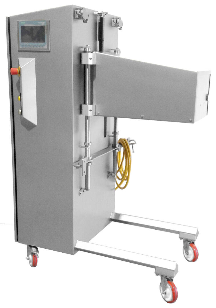 A stainless steel industrial machine on red and white caster wheels with a control panel, display screen, an extended chute, yellow hose, and a boxy design, photographed against a plain white background.
