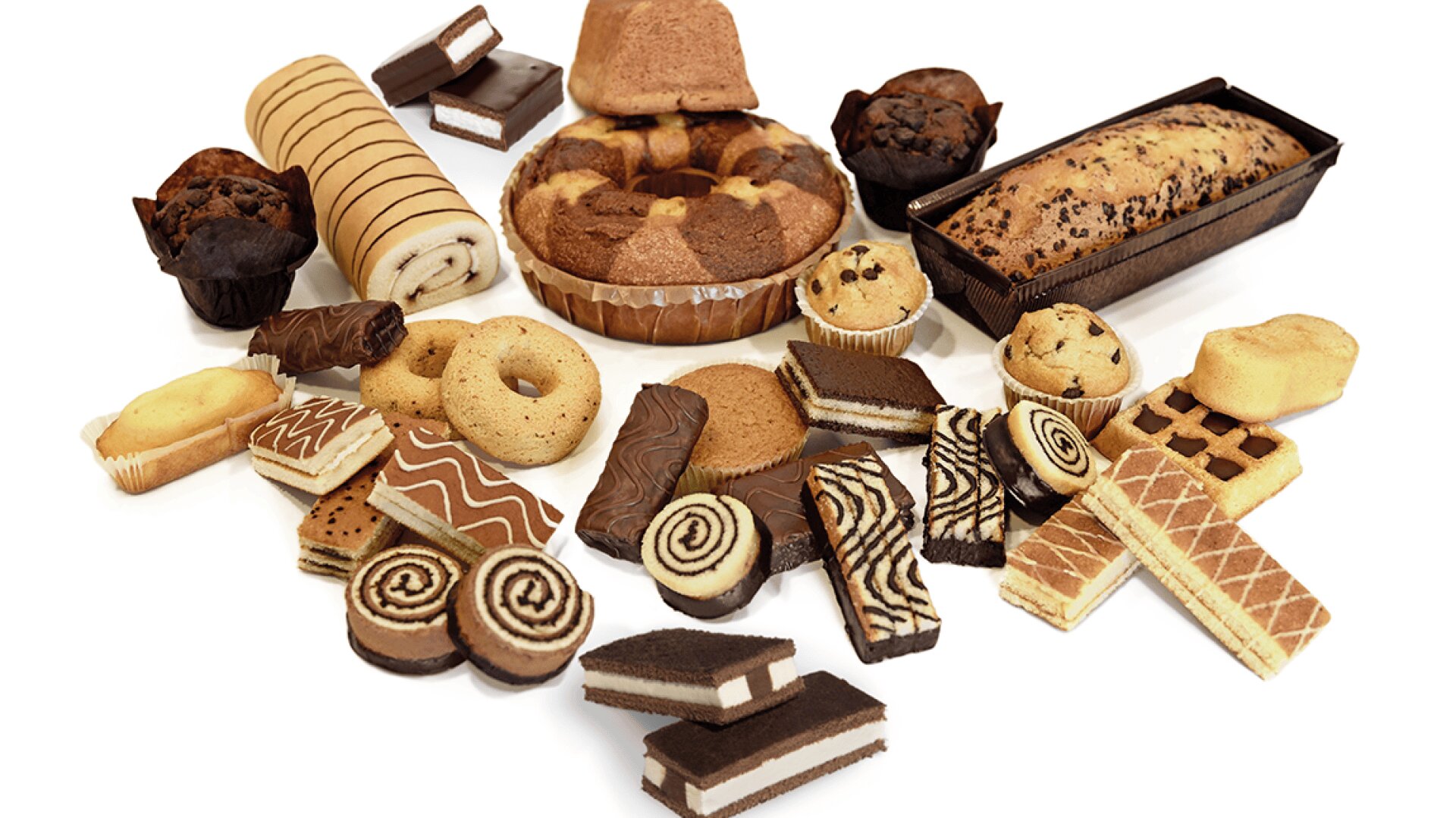 An assortment of baked goods, including muffins, cakes, cookies, wafers, and chocolate-covered pastries, arranged on a white background.