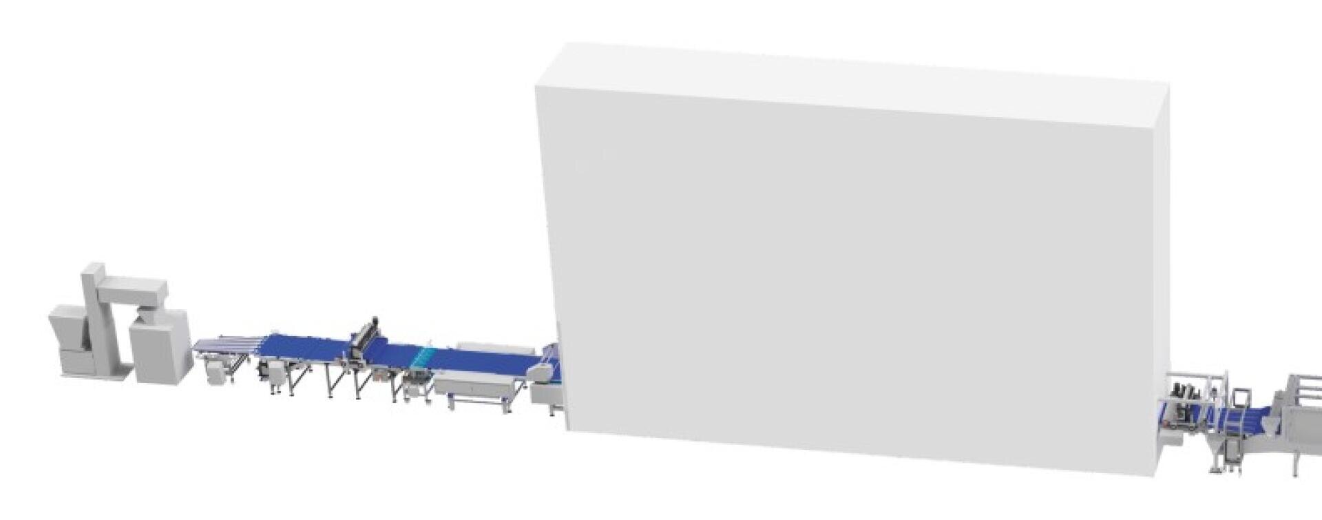 A 3D rendering of an industrial conveyor belt system with various machines and equipment connected in a sequence, leading to a large rectangular structure in the center.