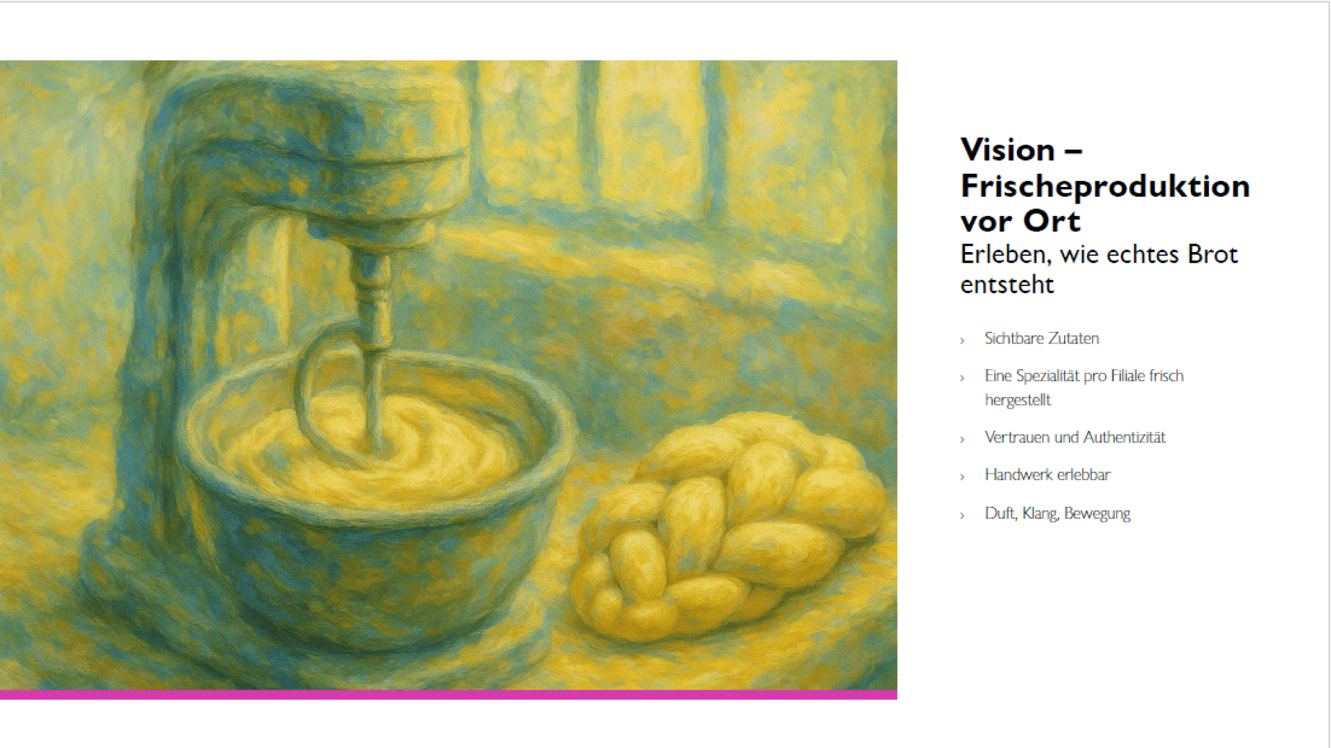 Eine gemalte Illustration einer Küchenmaschine, die neben einem Tisch mit geflochtenem Brot Teig knetet, begleitet von einem deutschen Text, der die Frische und Authentizität des lokal produzierten Brotes beschreibt.