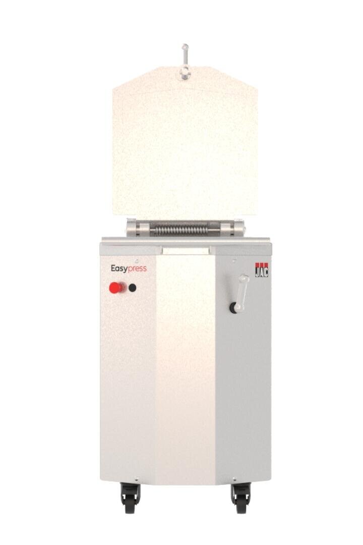 A commercial bread dough press machine with an open top lid, labeled Easypress on the front, featuring control buttons and a handle, mounted on four caster wheels.