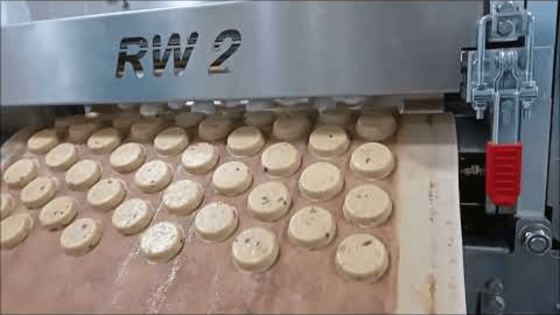 A machine labeled RW 2 is producing rows of round, beige dough pieces with chocolate chips, likely cookies, onto a conveyor belt.
