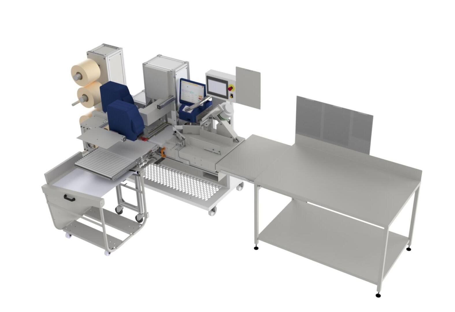 Automated packaging machine with a conveyor belt, control panel, rolls of packaging material, and an adjacent work table, all set against a white background.
