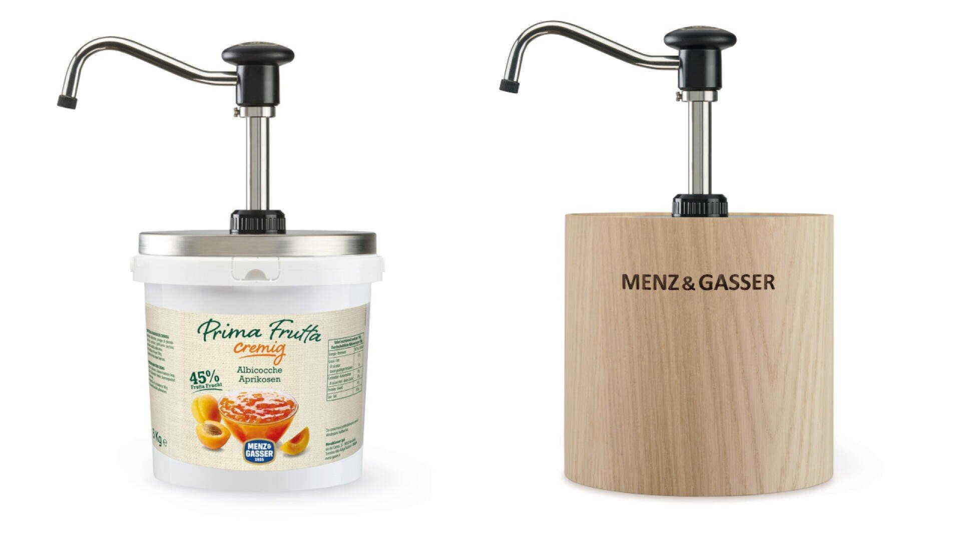 Zwei Lebensmittelspender: ein weißer Kunststoffbehälter mit der Aufschrift "Prima Frutta Cremig" und Abbildungen von Aprikosen und ein heller Behälter mit Holzstruktur und der Aufschrift "MENZ & GASSER". Beide haben einen Pumpaufsatz aus Metall.