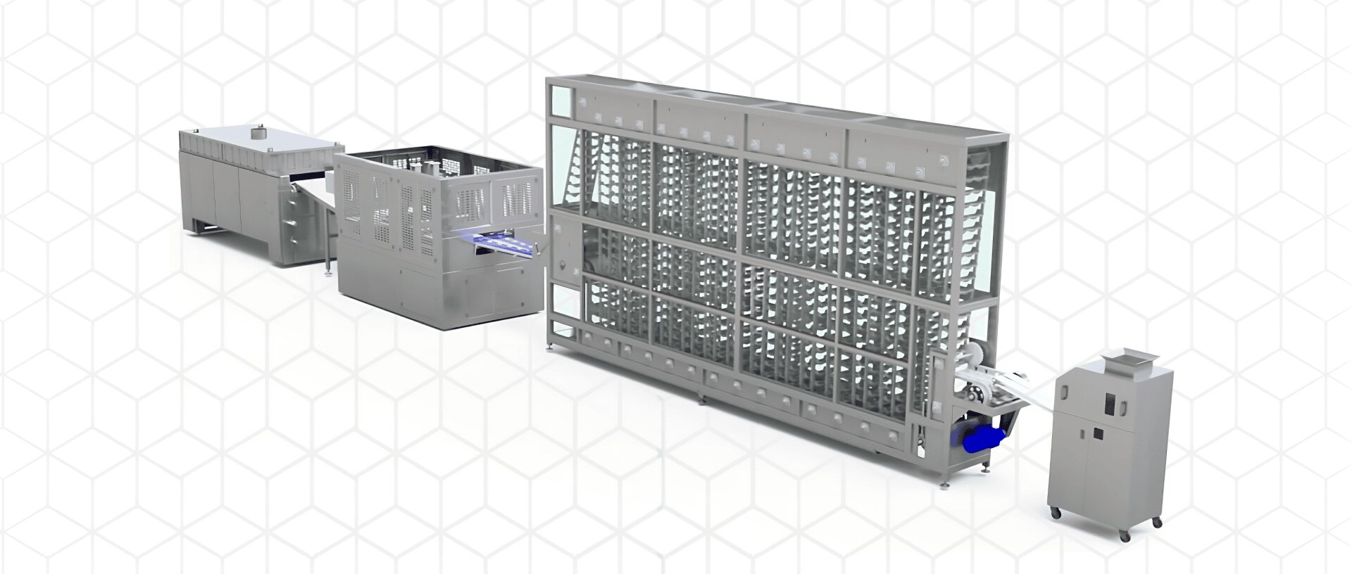 A row of industrial stainless steel equipment, including a large rack, bins, and various machines, set against a white background with a geometric pattern.