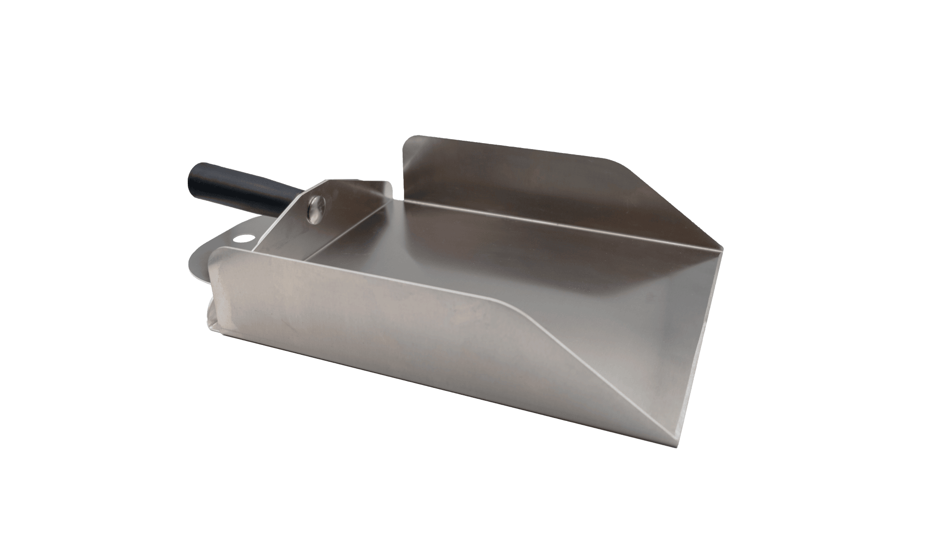 Eine Kehrschaufel aus rostfreiem Stahl mit schwarzem Griff, hohen Seiten und flachem Boden, auf einem schlichten Hintergrund.