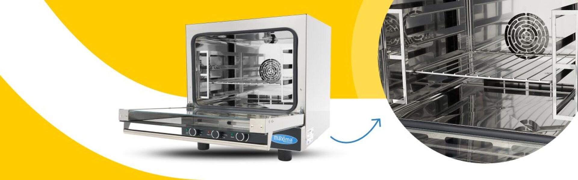 A stainless steel convection oven with a glass door open, revealing metal shelves and fans inside. A close-up highlights the oven’s interior, showing shelving and ventilation details. Yellow and white graphics decorate the background.