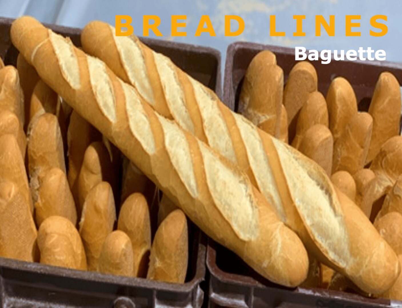 A tray of fresh baguettes with golden crusts is shown. Two baguettes with diagonal slashes are placed on top. Text reads “BREAD LINES” in yellow and “Baguette” in white.