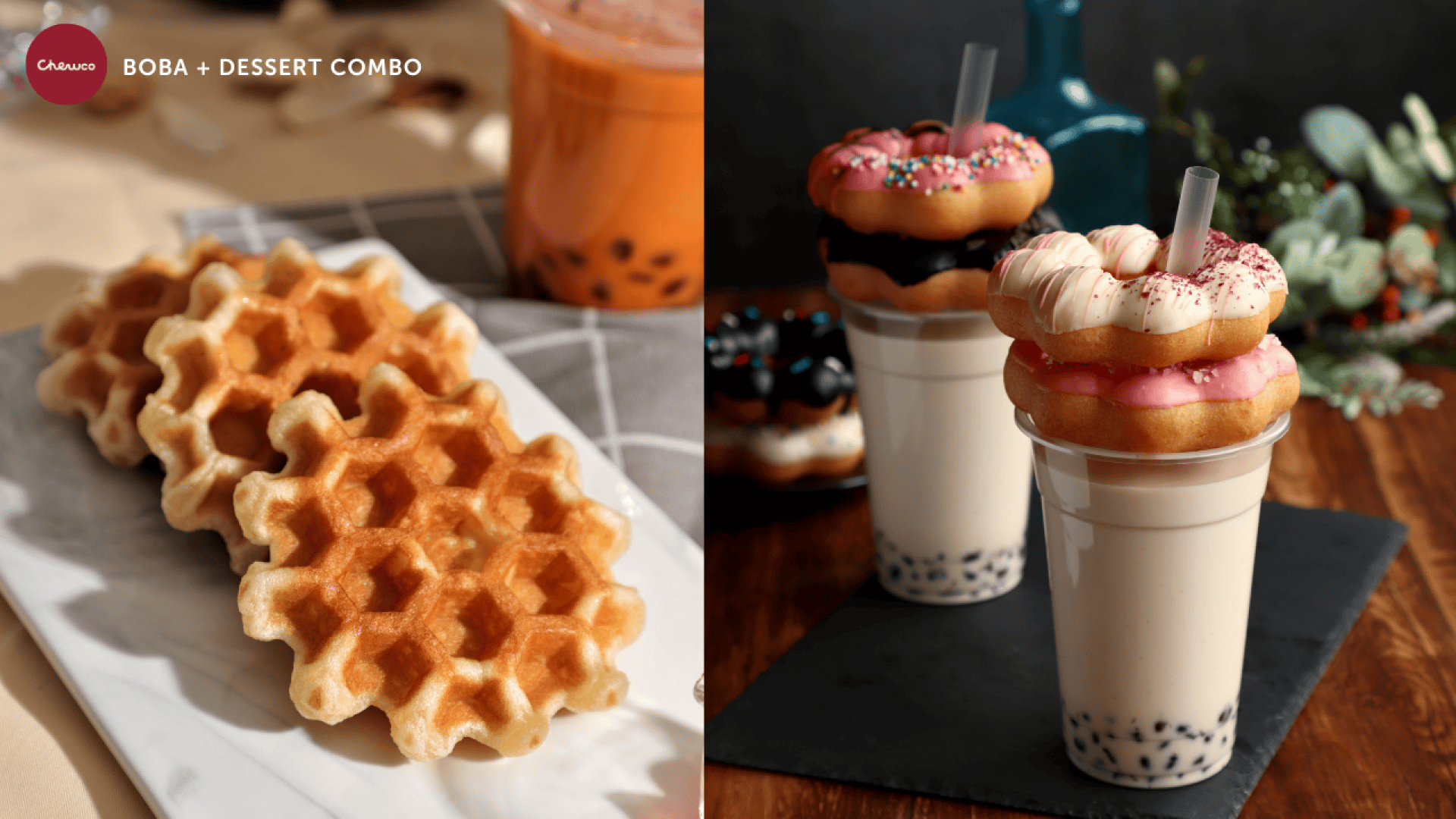 A split image shows waffles and a cup of bubble tea on the left, and boba tea topped with two decorated donuts on the right. The scene highlights a boba and dessert combo.