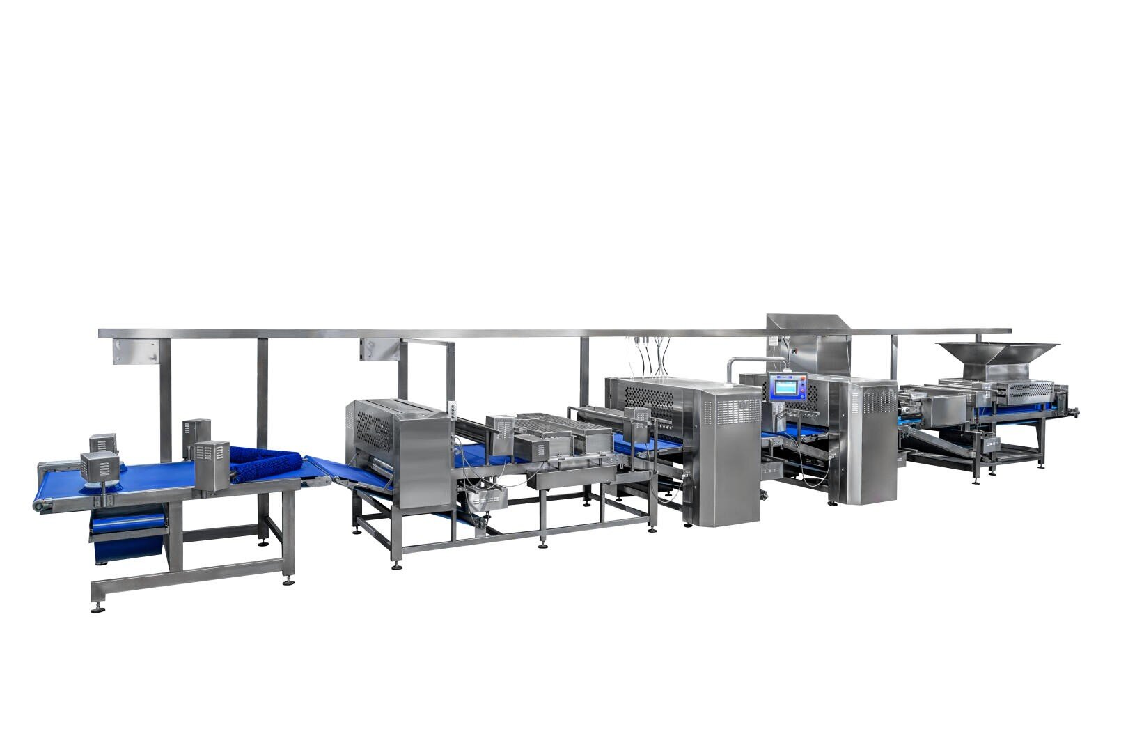 A large industrial food processing and packaging machine made of stainless steel, with blue conveyor belts and control panels, set against a white background.