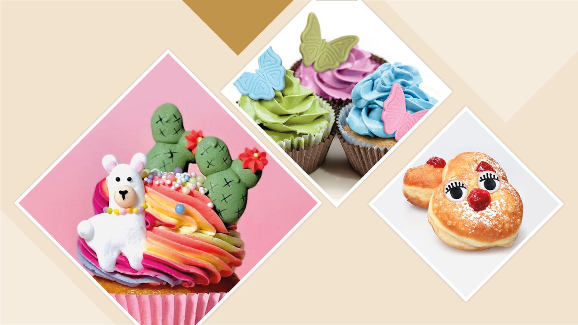 Eine Collage, die einen Cupcake mit einem weißen Bären, Kakteen und Regenbogenglasur zeigt; Cupcakes mit pastellfarbenen Schmetterlingsaufsätzen; und einen bärenförmigen Donut mit süßen Augen und Nase.