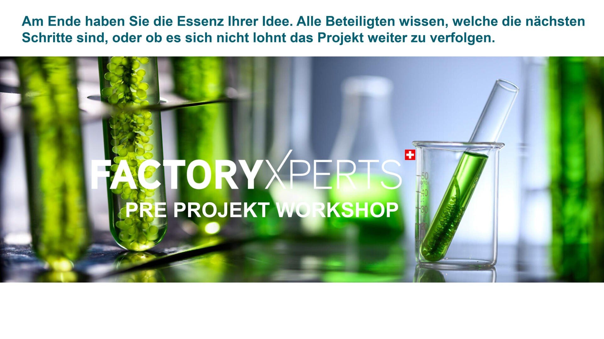 Mehrere Glasreagenzgläser mit grüner Flüssigkeit und Perlen sind in einer Laborumgebung ausgestellt. Der überlagerte Text lautet FACTORYXPERTS PRE PROJEKT WORKSHOP mit einer deutschen Beschreibung darüber.