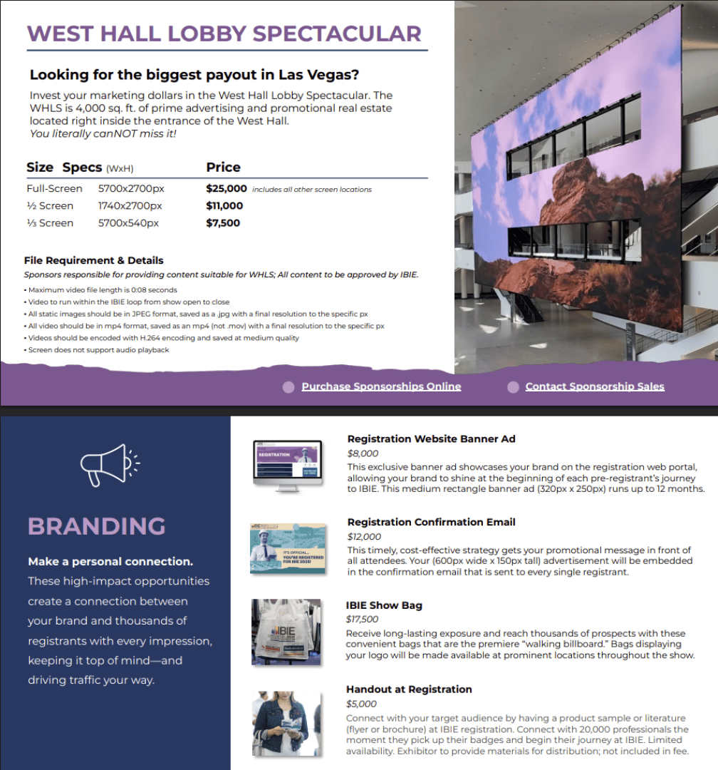 Promotional flyer for the West Hall Lobby Spectacular in Las Vegas, showing sponsorship rates, image specs, branding tips, and a photo of a modern exhibition lobby with digital displays.