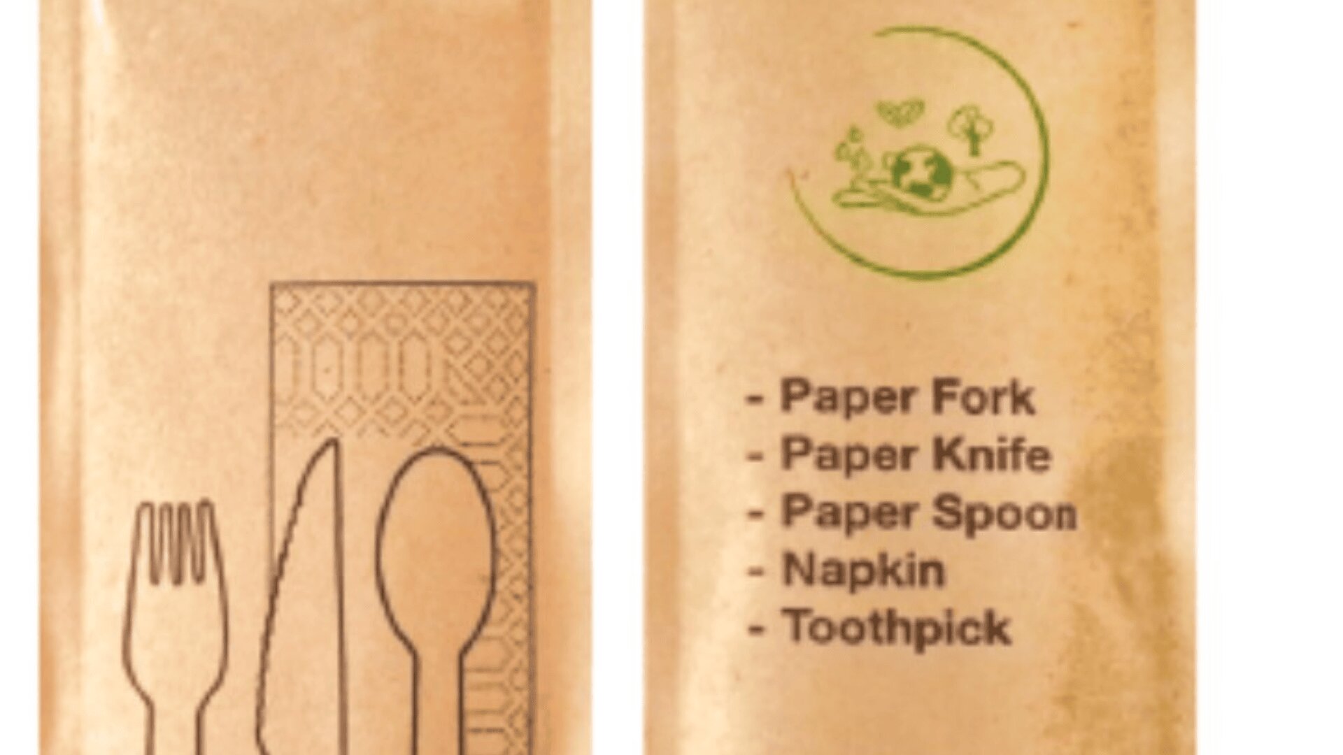 A brown paper package with black illustrations of a fork, knife, and spoon. Text lists: Paper Fork, Paper Knife, Paper Spoon, Napkin, Toothpick. A green recycling symbol with a hand and trees is above the list.