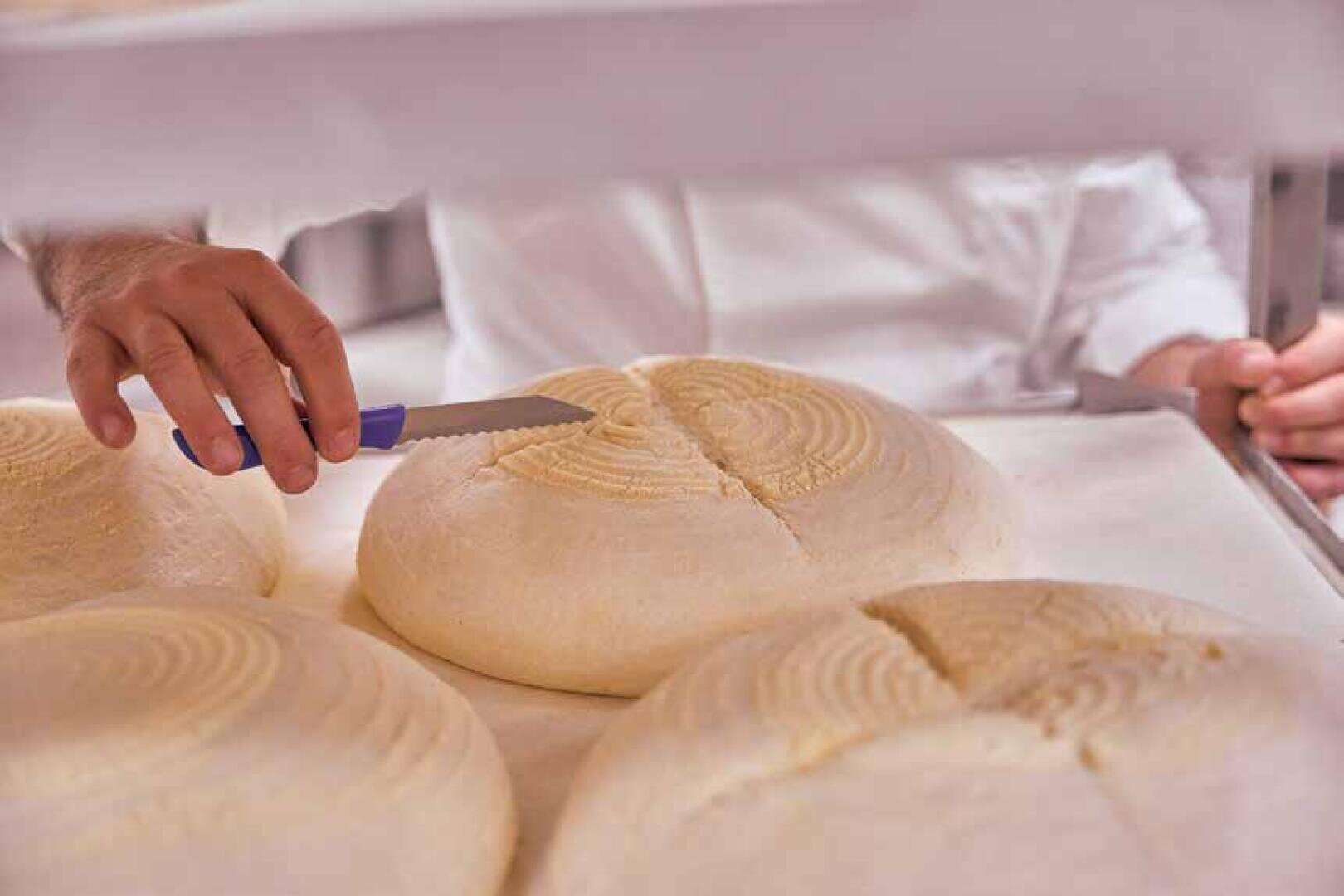 Eine Person in einem weißen Kittel ritzt mit einem Messer die Oberseite eines runden Laibs Teig auf einem Backblech ein, in dessen Nähe sich mehrere andere Teiglaibe befinden.